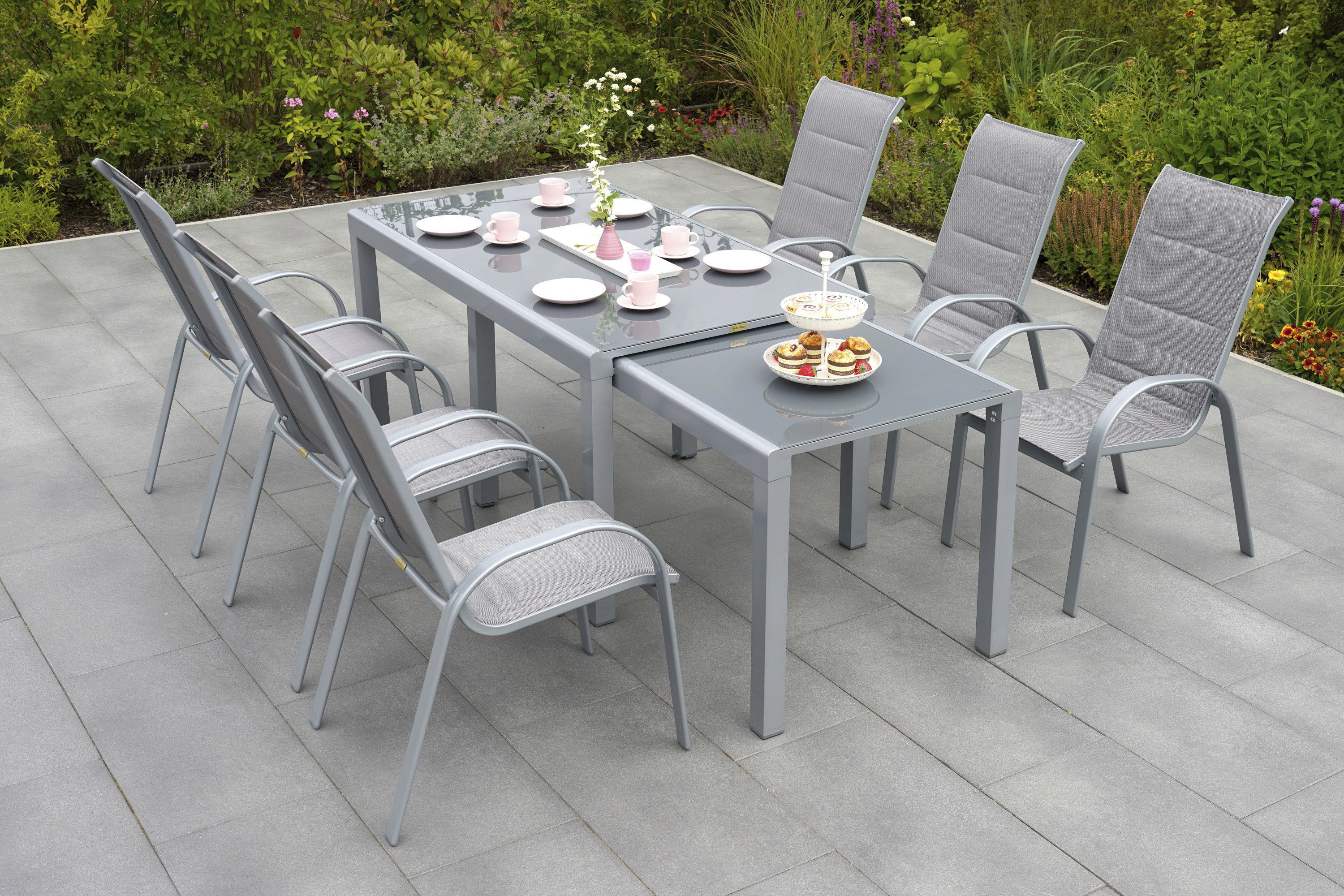 Garten-Essgruppe MERXX "Amalfi di Lusso", braun (silber, diamantbraun,), Polyester, Aluminium, Polyester, Sitzmöbel-Sets, mit 6 Sesseln und verstecktem zweitem Tisch zur Erweiterung