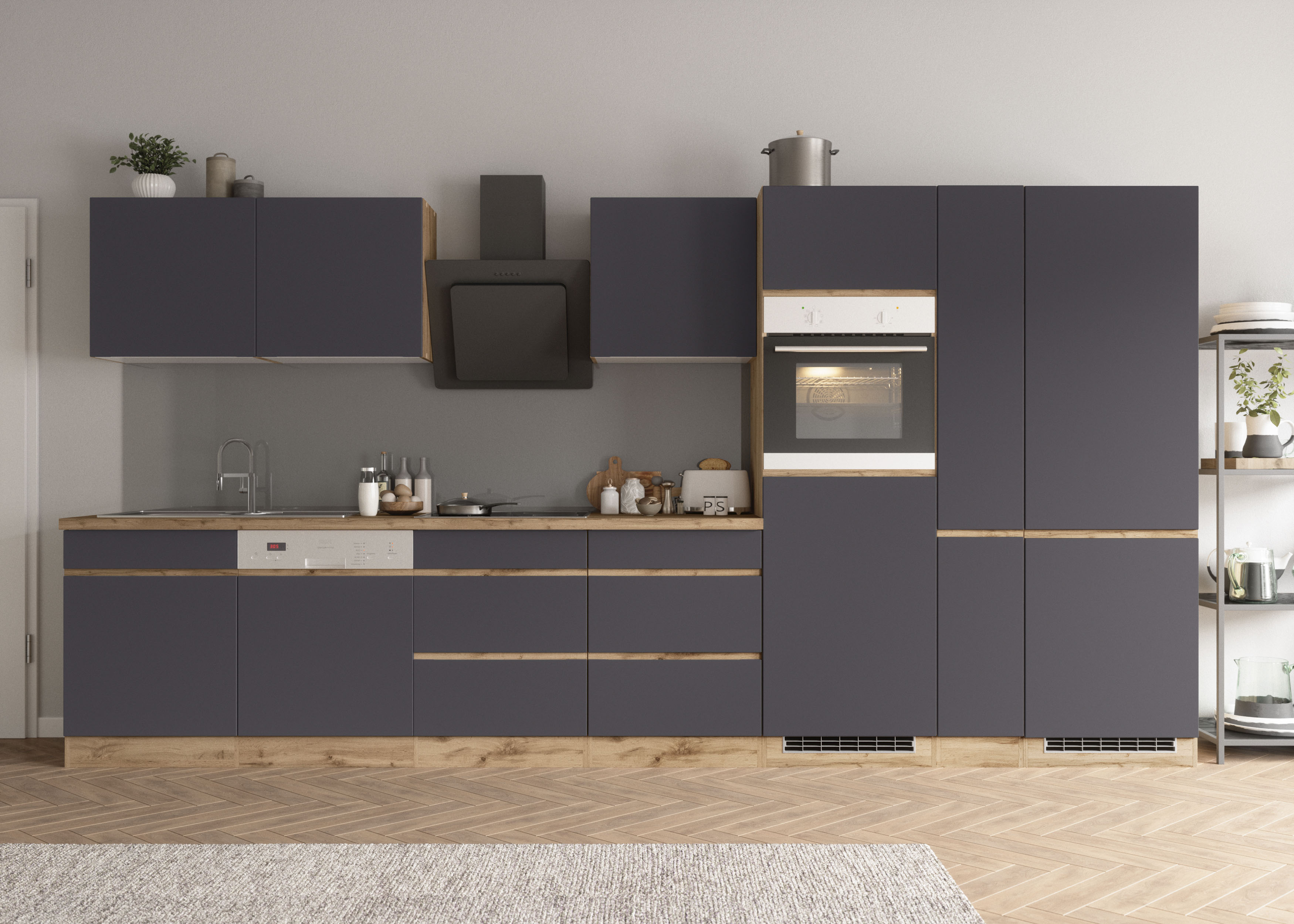 Küchenzeile KOCHSTATION "KS-Riesa", grau (küche: grau, front: matt grau, korpus: wotaneichefarben, arbeitsplatte: wotaneichefarben), B:390cm H:200cm T:60cm, Komplettküchen-Sets, Küchenzeile, Stellbreite 390 cm, ohne E-Geräte