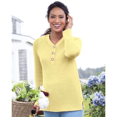 Appleseeds Women's Shaker Y-Neck Henley Sweater - Yellow - PL - Petite