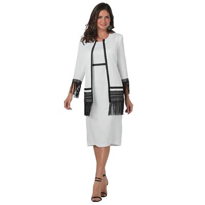 Masseys Fringe Embroidered Dress & Jacket Set (Size 16W) White-Black, Polyester,Spandex