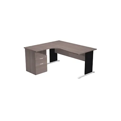 Pack Bureau d'angle compact retour à gauche Pronto Bois - L.160 x P.100 cm - Plateau Cendre - Pieds Noir + Caisson hauteur bureau L.43 x P.60 cm