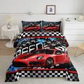 Loussiesd Boys Race Car Bedding Set Cool Race Sports Car Set Comforter Set for Kids Boys Sports Theme Duvet Set Checkered Comforter Red 1 Comforter Set with 1 Pillowcase Single Size