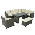 Iris 6 Piece Outdoor Conversation Sofa Set Comfy Ergonomic Seats Beige- Saltoro Sherpi