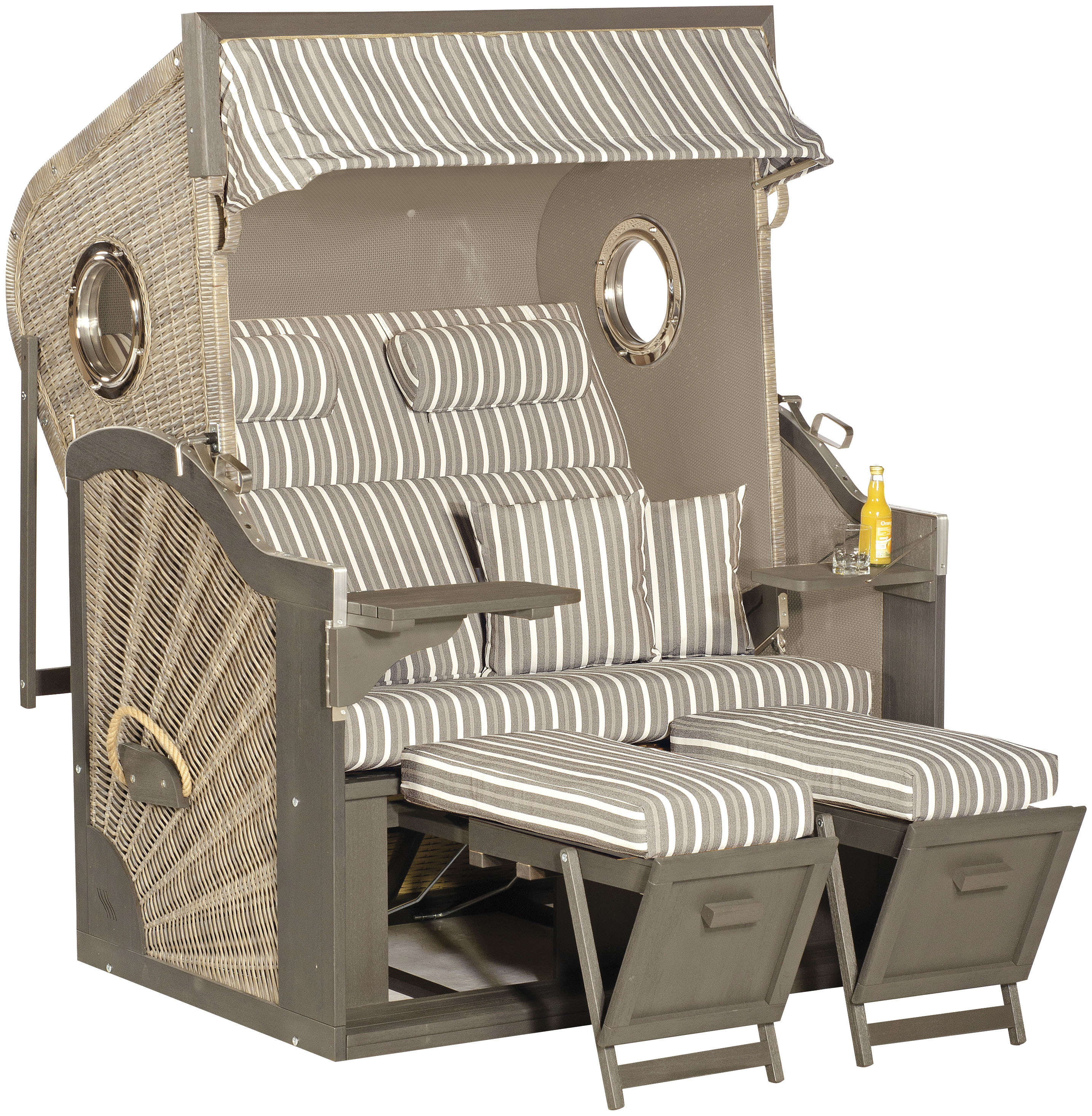 Strandkorb SUNNYSMART "Rustikal 410 Z XL Bull", grau (korpus: spot, grau bezug: taupe, weiß, light, taupe), B:135cm H:165cm T:90cm, Strandkörbe, Strandkorb, 2 Sitzer XL 3/4-Liegemodell in spot-grey