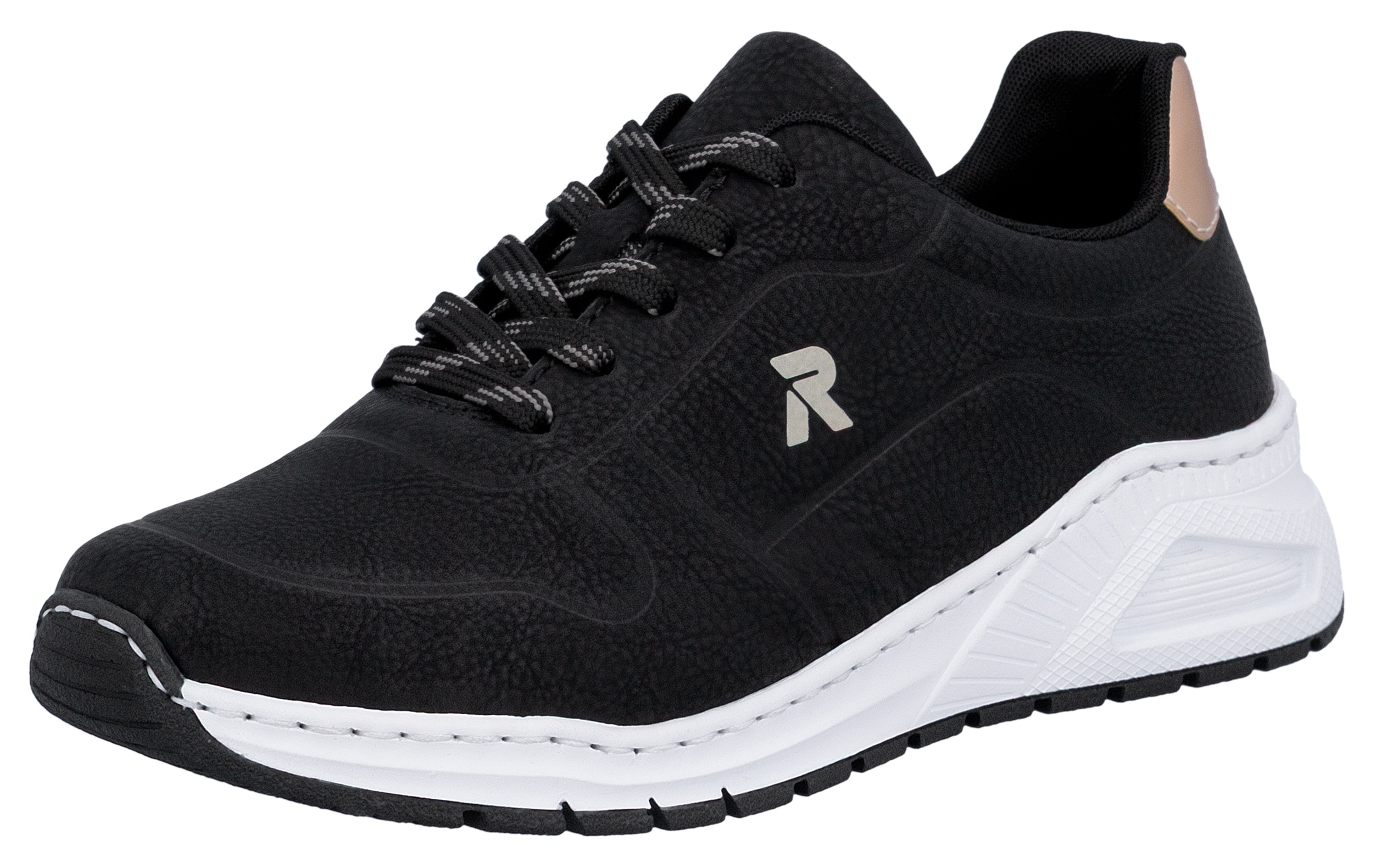 Sneaker RIEKER, Damen, Gr. 38, schwarz (schwarz, kupferfarben), Nubuklederimitat, unifarben mit Farbeinsatz, Schuhe Sneaker, mit MemoSoft-Innensohle, Freizeitschuh, Halbschuh, Schnürschuh