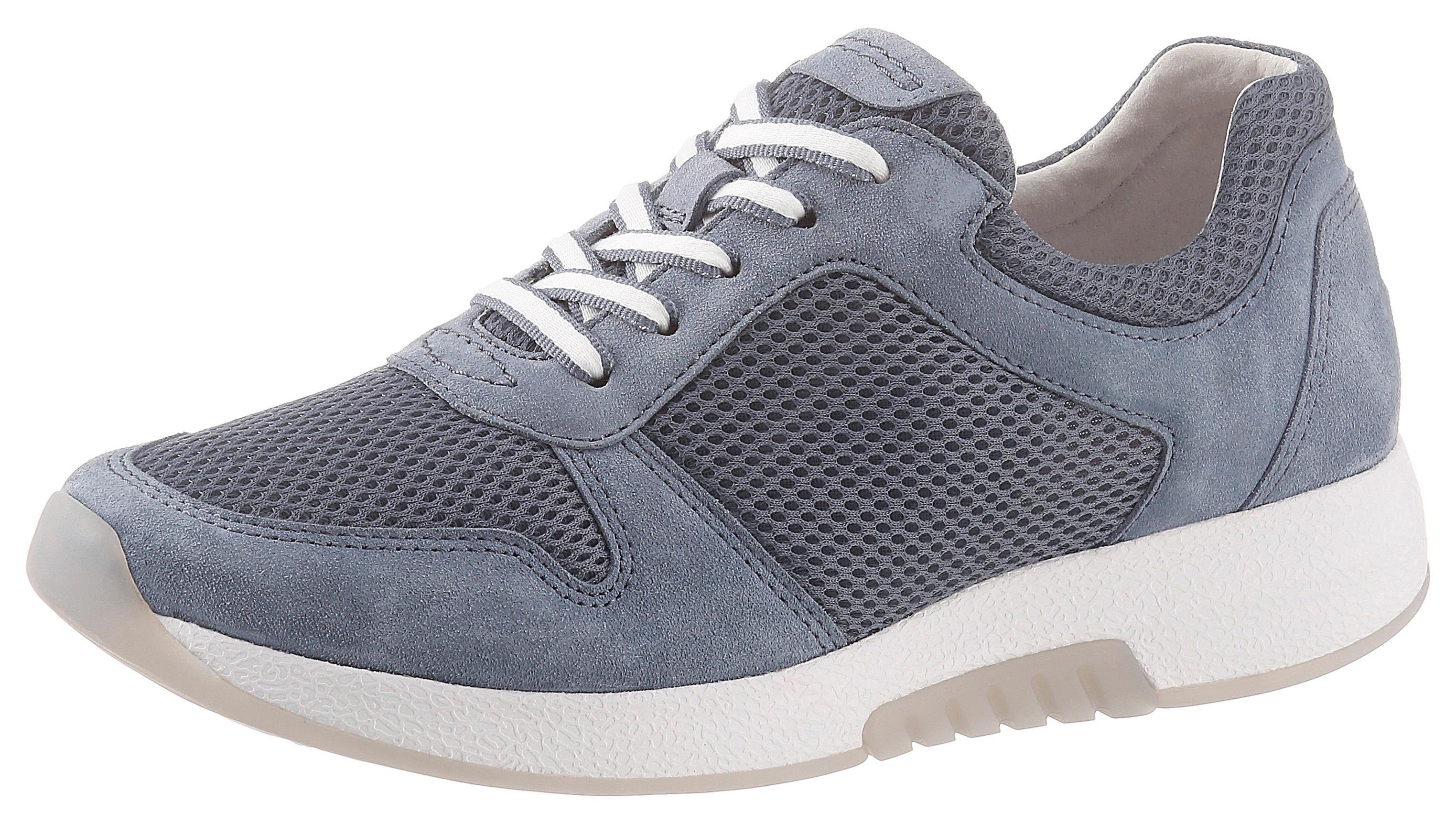 Keilsneaker GABOR ROLLINGSOFT, Damen, Gr. 37, blau (graublau), Textil, Veloursleder, unifarben, Schuhe Sneaker, Freizeitschuh, Halbschuh, Schnürschuh im sommerlichem Materialmix