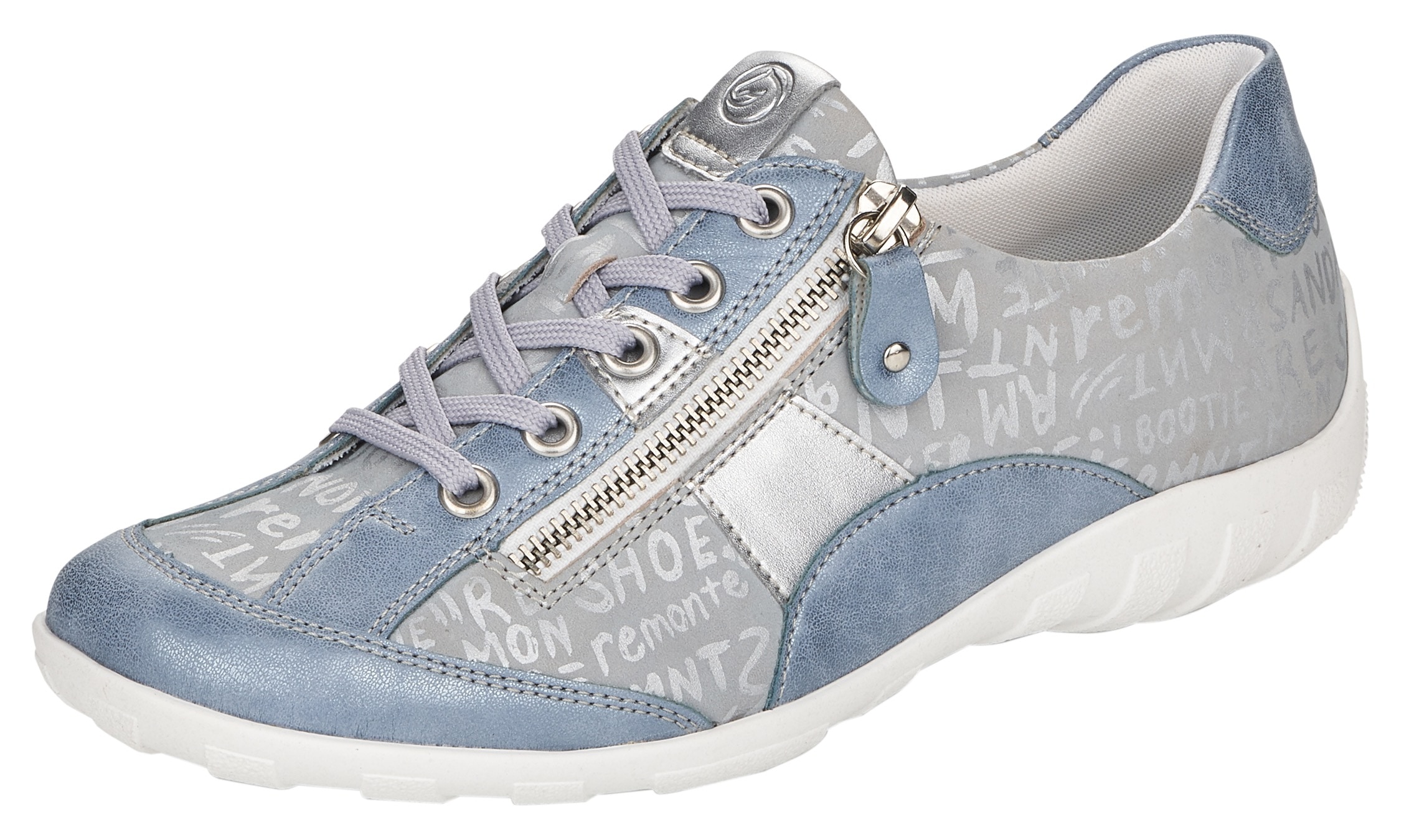 Schnürschuh REMONTE, Damen, Gr. 43, silber (hellblau, silberfarben), Leder, Lederimitat, Schuhe Schnürschuh, mit feinem Metallic-Schimmer, Freizeitschuh, Halbschuh, Schnürschuh