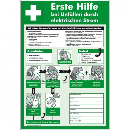 Schild I Aushang Erste Hilfe bei Unfällen durch elektrischen Strom, Kunststoff, 395x575mm Image