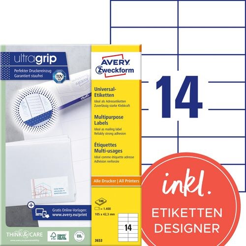 AVERY Zweckform ultragrip Universaletiketten 3653 Selbsthaftend DIN A4 Weiß 105 x 42,3 mm 100 Blatt à 14 Etiketten Image