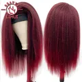 LIHUI-Perruque Synthétique Yaki Crépue et Droite pour Femme Bandeau de Sauna Rouge Vin Cheveux