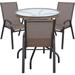 BTEXPERT Indoor Outdoor 28" Round Tempered Glass Metal Table Brown Rattan Trim + 3 Brown Restaurant Flexible Sling Stack Chairs