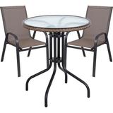 BTEXPERT Indoor Outdoor 28" Round Tempered Glass Metal Table Brown Rattan Trim + 2 Brown Restaurant Flexible Sling Stack Chairs