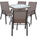 BTEXPERT Indoor Outdoor 28" Square Tempered Glass Metal Table Brown Rattan Trim + 4 Brown Restaurant Flexible Sling Stack Chairs