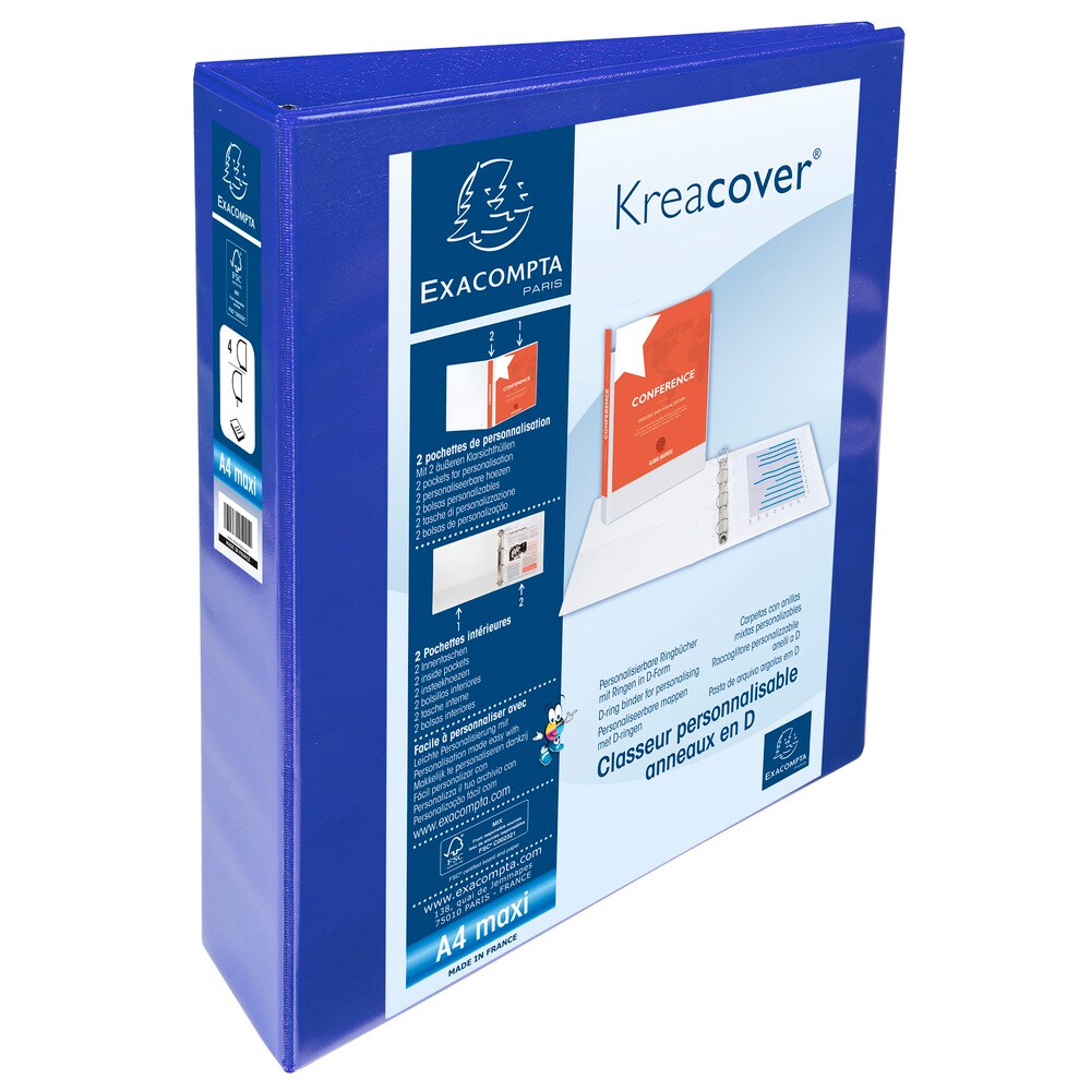 Exacompta Personalisierbares Ringbuch aus PP 1,9mm, 4 Ringe 40mm, Rücken 64mm, 2 äußere Klarsichthüllen, 32x28,5cm für DIN A4 Überbreite - Kreacover Image