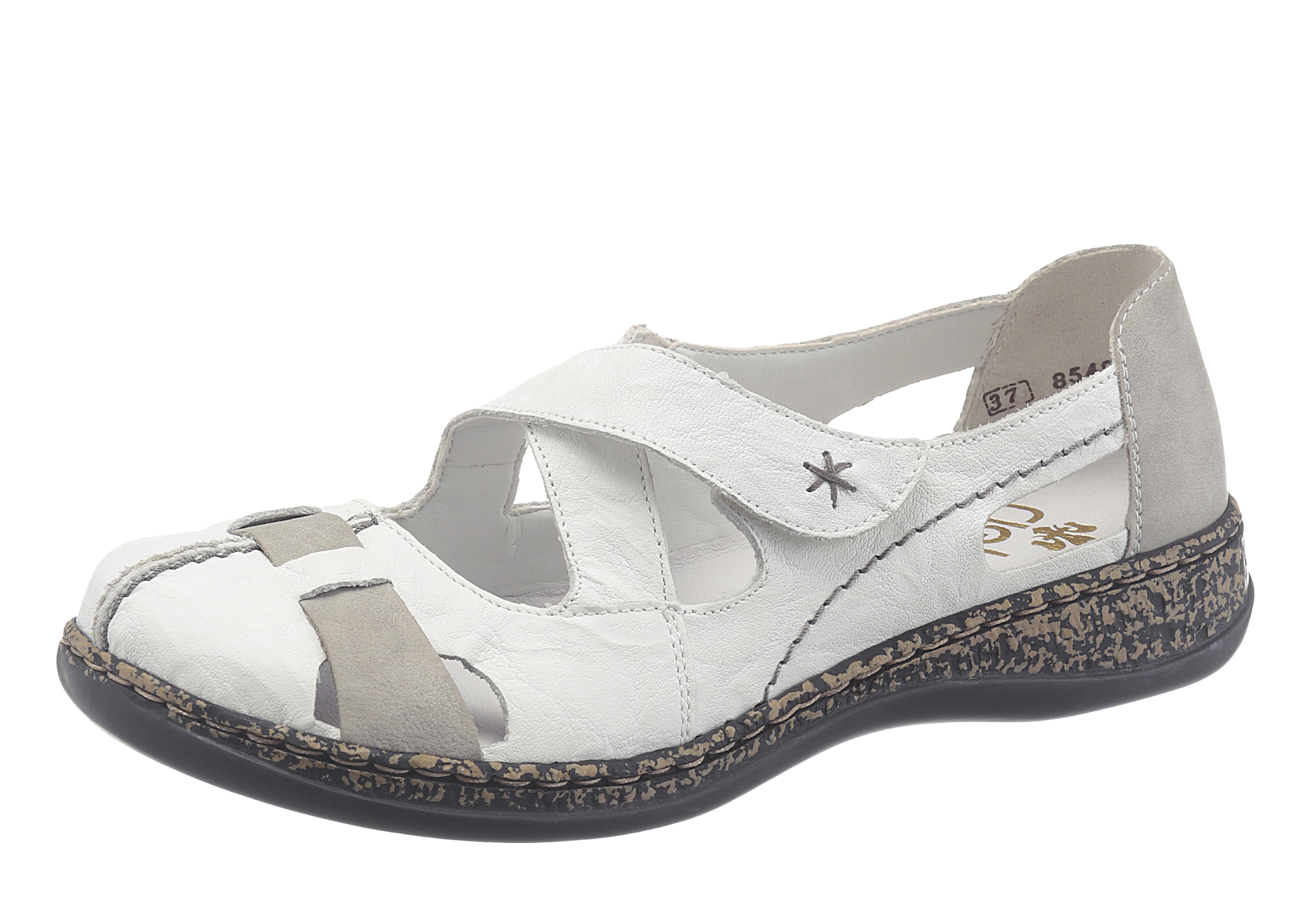 Slipper RIEKER, Damen, Gr. 41, grau (weiß, grau), Leder, Schuhe Slipper, Spangenschuh, Schlupfschuh, Komfortschuh mit Klettverschluss