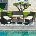 Gymax 7PCS Outdoor Wicker Sofa Set Patio Rattan Sofa Set w/ Coffee Tables & Ottomans