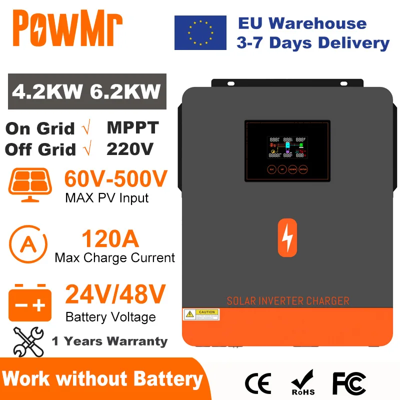 PowMr 6.2KW 4.2KW onduleur solaire hybride sur réseau onduleur à onde sinusoïdale Pure 24V 48V 230V double sortie avec chargeur solaire MPPT 120A