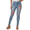 Masseys Floral Appliqué Denim Jean (Size 18) Coral Floral Medium Wash Denim, Cotton,Polyester,Spandex