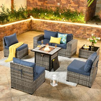 OVIOS Patio Wicker Furniture Wide Arm 7-piece Fire Pit Set with Table