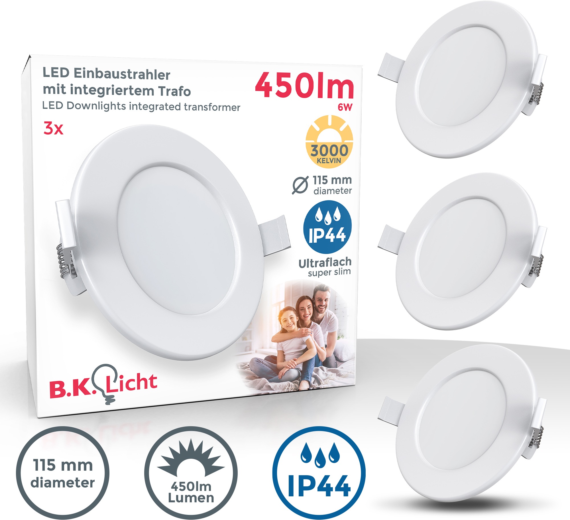 B.K.LICHT LED Einbauleuchte "3er Set Bad Einbaustrahler, IP44 geschützt, flache Einbauspots", weiß, Ø 11,5cm H: 3cm, Leuchten, 3.000K, 450Lm, 6W, Kunststoff, 11,5 x 3 cm, Weiß, LED Einbaustrahler LED Deckeneinbaustrahler