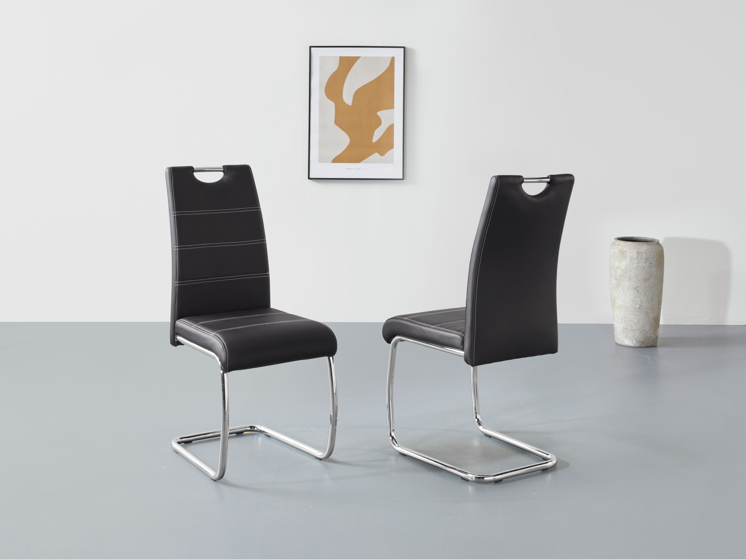 Freischwinger HELA "Flora, Esszimmerstühle", schwarz (schwarz, chrom), B:43cm H:98cm T:59cm, 97% Polyurethan;3% Baumwolle, Stühle, Freischwinger, Schwingstuhl Set: 1,2 oder 4 Stück, hoher Sitzkomfort