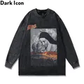 Dark Icon-T-shirt imprimé High Street pour homme manches longues coton lavé t-shirts pour homme