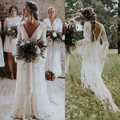 Robes de mariée Boho en dentelle manches longues ligne A dos nu train de balayage plis