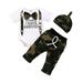 KIMI BEAR Infant Boys Outfits 6 Months Infant Boy Spring Summer Outfits 12 Months Infant Boy Cool Letter Prints One-pieces Romper + Camouflage Prints Cozy Pants + Hat 3PCS Set White