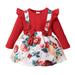 KIMI BEAR Newborn Girls Dress 3 Months Newborn Girls Fall Winter Dress 6 Months Newborn Girls Lace Trims Patchwork Floral Hem Long Sleeve Fake-Two-Pieces Romper Dress Red