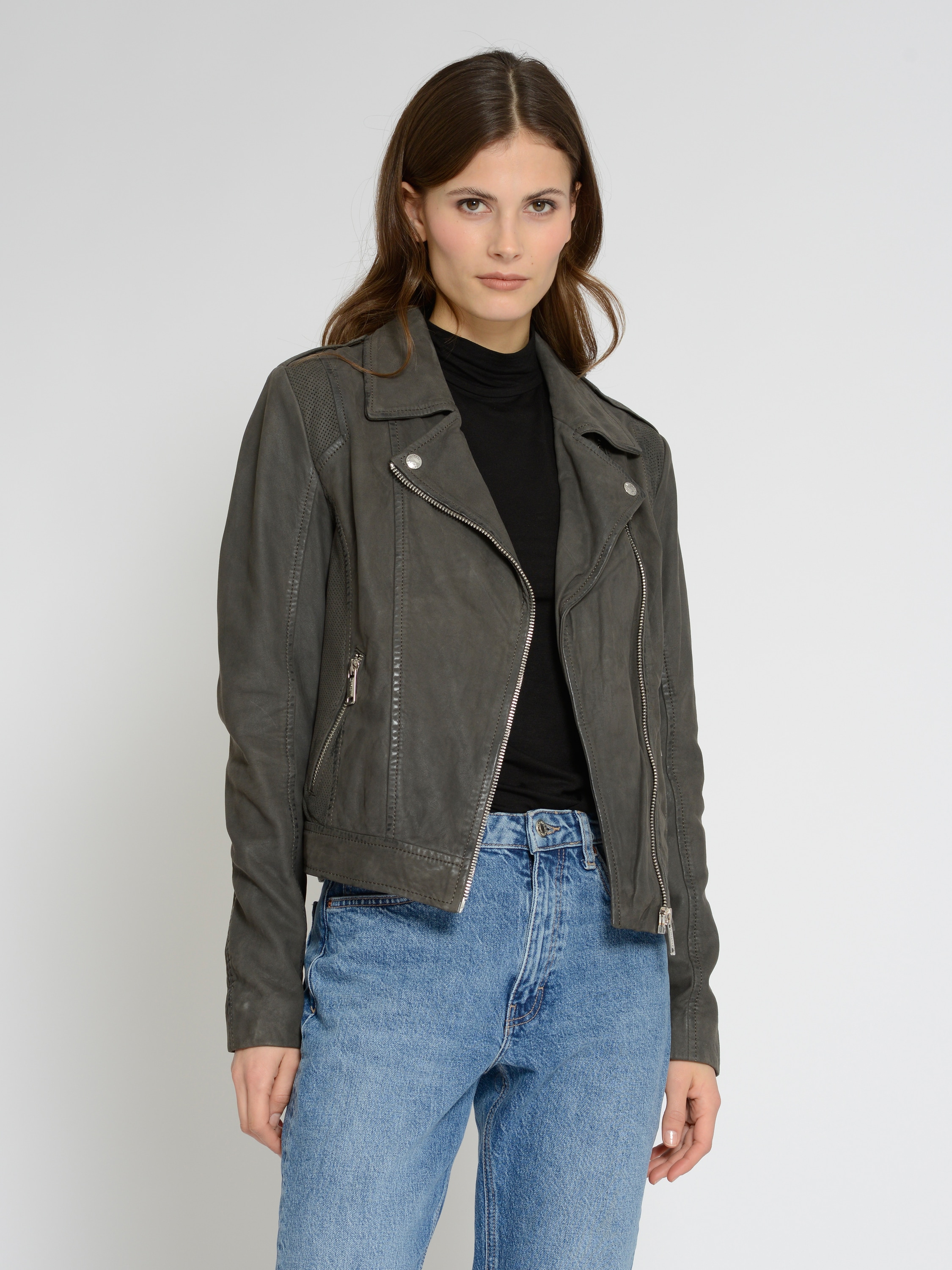 Lederjacke MUSTANG "31022101", Damen, Gr. S, grau (dunkelgrau), Obermaterial: 100% Lammleder / Futter: 100% Baumwolle / Ärmelfutter: 100% Polyester / Taschenfutter: 100% Baumwolle, Jacken Image