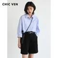 CHIC VEN-Chemise rayée à simple boutonnage pour femme blouse bleue à manches 3/4 manteau de