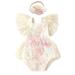 Ibtom Castle Baby Girl 1st Birthday Outfit Boho Lace Tulle Romper Ruffle Backless Embroidered Bodysuit Cake Smash Photo Shoot Clothes 3-6 Months Apricot+Light Pink Flower