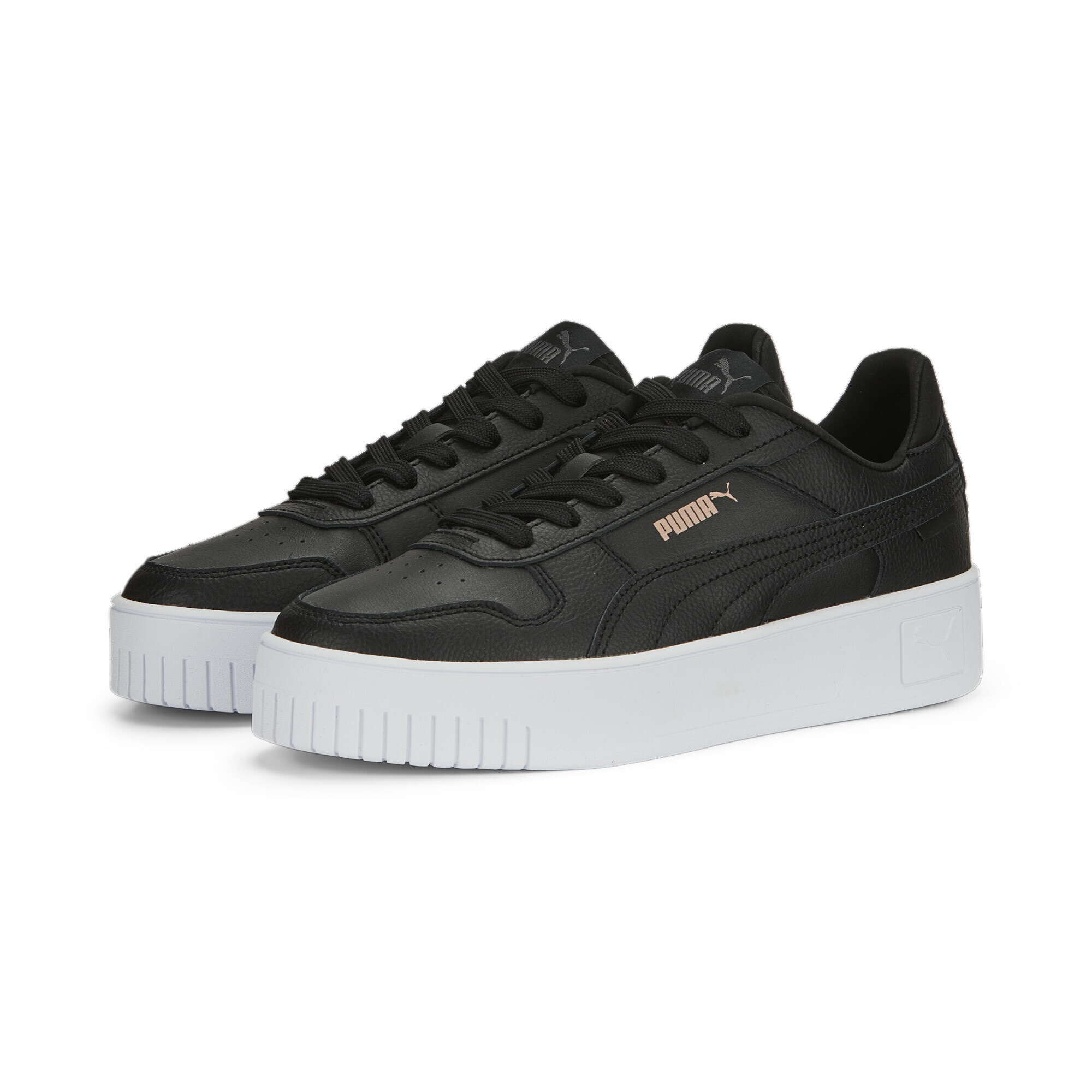 Sneaker PUMA "Carina Street Sneakers Damen", Damen, Gr. 40.5, schwarz-weiß (schwarz rose gold weiß metallic), Obermaterial: Kuhleder, Synthetik, Leder; Futter: Synthetik, Textil; Innensohle: Textil; Laufsohle: Gummi, Schuhe Sneaker