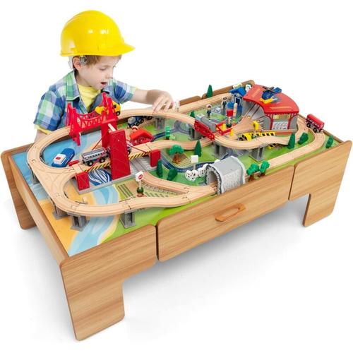 Goplus - 100-teiliges Eisenbahnset und Spieltisch aus Holz, Mehrzweck-Spieltisch mit wendbarer &