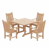 WestinTrends Malibu 5 Piece Outdoor Dining Set All Weather Poly Lumber Patio Table and Chairs Furniture Set 43 Square Dining Table with Umbrella Hole and 4 Arm Chairs Teak
