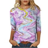 ZQGJB Casual Marble Printing T-Shirts for Women Clearance Summer Three Quarter Sleeve Crewneck Tees Lightweight Pullover Tunic Tops for Leggings Purple XXL