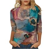 ZQGJB Casual Marble Printing T-Shirts for Women Clearance Summer Three Quarter Sleeve Crewneck Tees Lightweight Pullover Tunic Tops for Leggings Multicolor XL