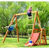 Track 7 Wooden Swing Set 4 in 1 Outdoor Swing Set with Slide Climbing Rope Outdoor Playset Backyard Climb Swing for Toddlers Wooden Swing-N-Slide Set Kids