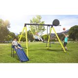 A-Frame Metal Swing Set 5 in 1 Toddler Swing Combo Set Playground Swing Sets w/ Horizontal Bar & Basketball Hoop Swing Playset w/ Slide Set & Seesaw Swing Kids Swingset for Backyard Park T1192