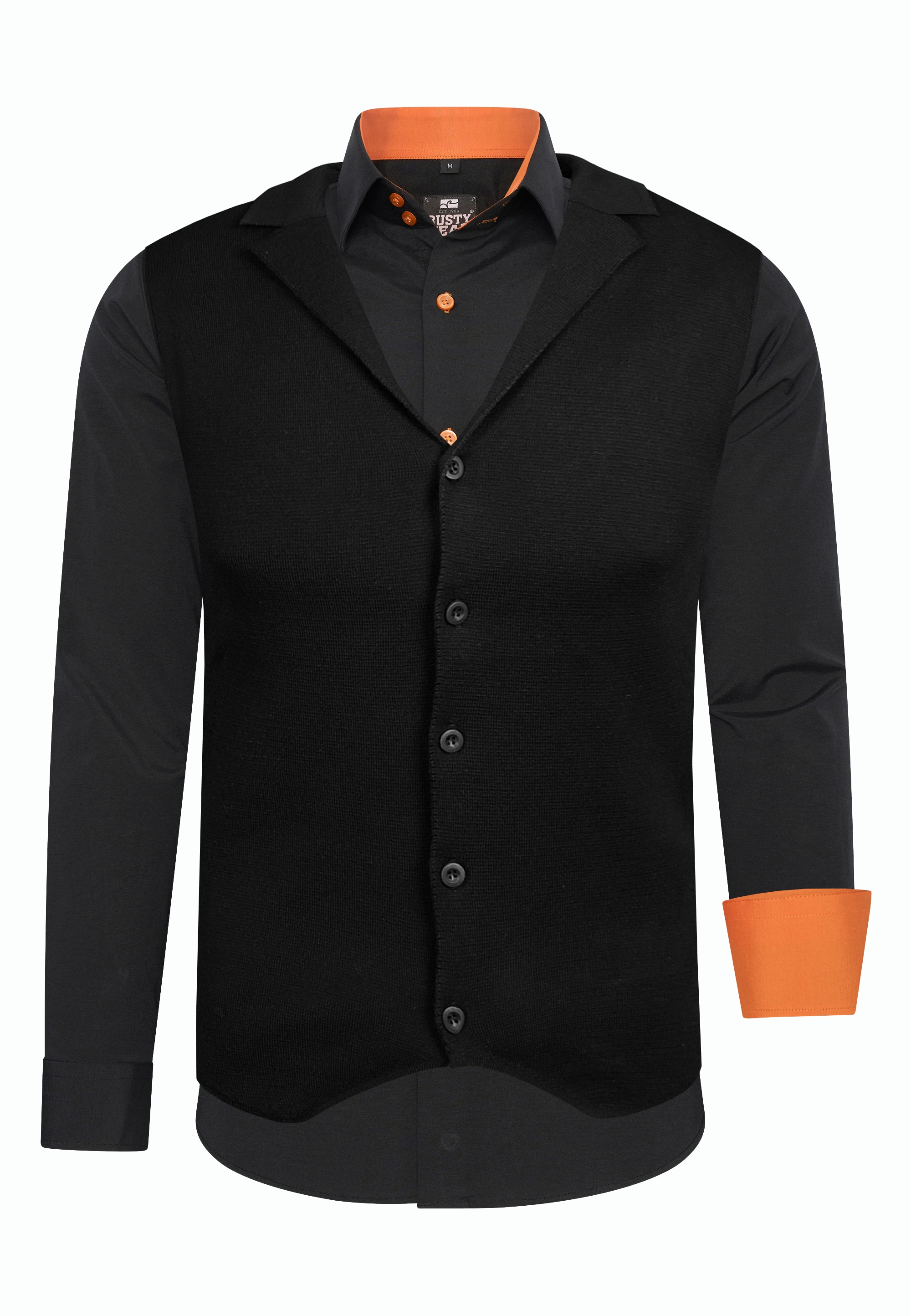 Langarmhemd RUSTY NEAL, Herren, Gr. M, EURO-Größen, orange (schwarz, orange), 60% Baumwolle, 37% Polyester, 3% Elasthan, mehrfarbig, Hemden, inklusive Langarmhemd und Weste