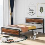 Twin Size Metal&Wood Bed Frame Platform Bed with Headboard and Footboard, No Box Spring Needed, Easy Assemble (Black)