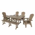 WestinTrends Malibu 6 Piece Adirondack Patio Dining Set with Bench All Weather Poly Lumber Outdoor Table and Chairs 71 Trestle Dining Table 4 Adirondack Chair with Dining Bench Weathered Wood