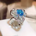 Bague de Couple de luxe pour femmes fleur aigue-marine topaze saphir plein de diamant ouverture