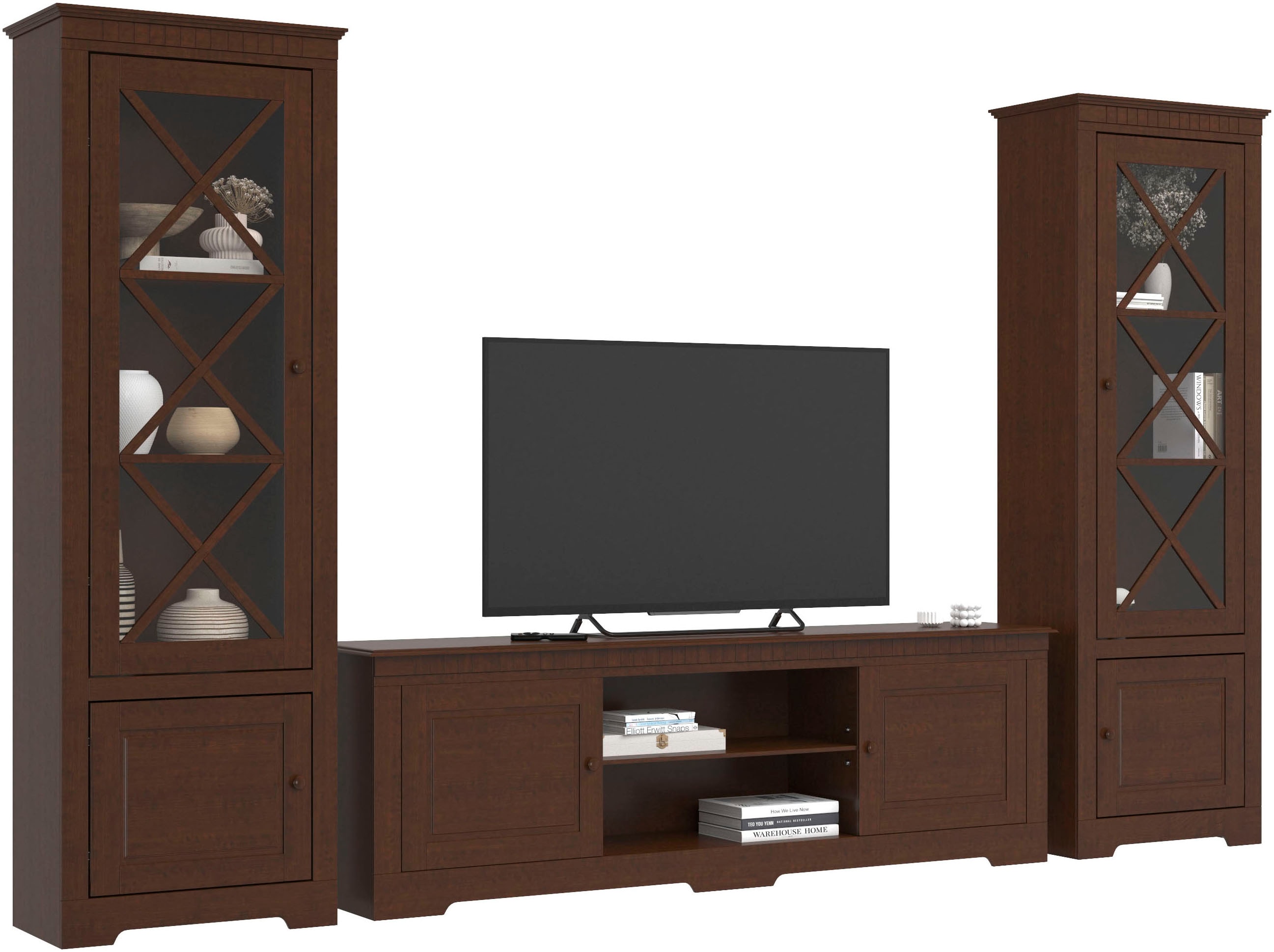 Wohnwand HOME AFFAIRE "Lisa", braun (dunkelbraun), B:295cm, Massivholz, Kastenmöbel-Sets, Wohnwand, bestehend aus zwei Vitrinen und einem Lowboard, massives Kiefernholz