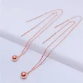 585 Purple Gold Plated 14K Rose Gold Glossy Round Bead Long Double Chain Ear Line Classic Earrings
