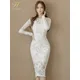 Han Queen-Robe crayon en dentelle pour femme gaine évidée robes moulantes robe mi-mollet blanche