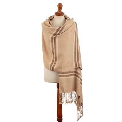 Bliss,'Fringed & Striped Beige Shawl Hand-Woven in 100% Baby Alpaca'