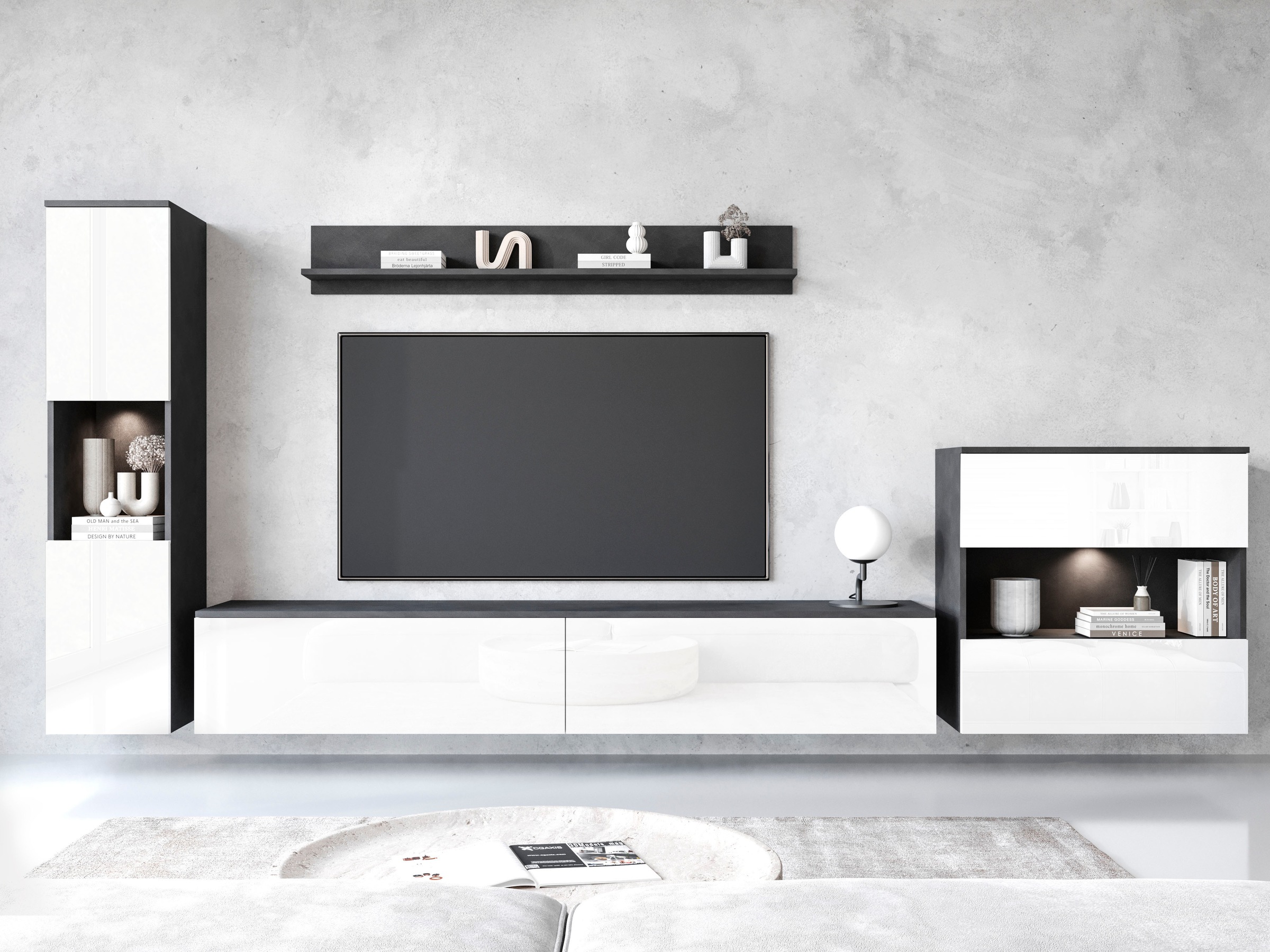 Wohnwand INOSIGN "PARIS, Vitrine Türanschlag links/rechts wechselbar", schwarz-weiß (matera anthrazit, weiß hochglanz), B:300cm H:130cm T:33cm, Hartfaserplatte, Kastenmöbel-Sets, grifflose Design, stehend und hängend montierbar