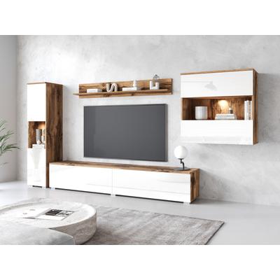 Wohnwand INOSIGN "PARIS, Vitrine Türanschlag links/rechts wechselbar", weiß (eichefarben wotan, weiß hochglanz), B:300cm H:130cm T:33cm, Hartfaserplatte, Kastenmöbel-Sets, grifflose Design, stehend und hängend montierbar Image