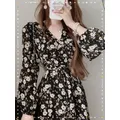 Robe longue fenimine à imprimé floral pour femmes robe de bureau élégante rétro vintage mode